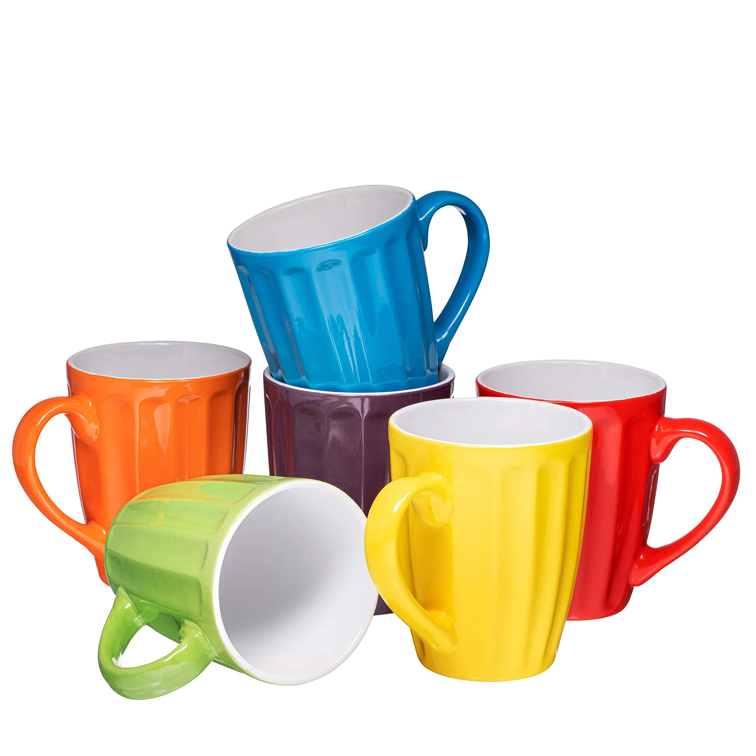 Set of 6 Large-sized 16 Ounce (To Rim) Ceramic Coffee Grooved Mugs