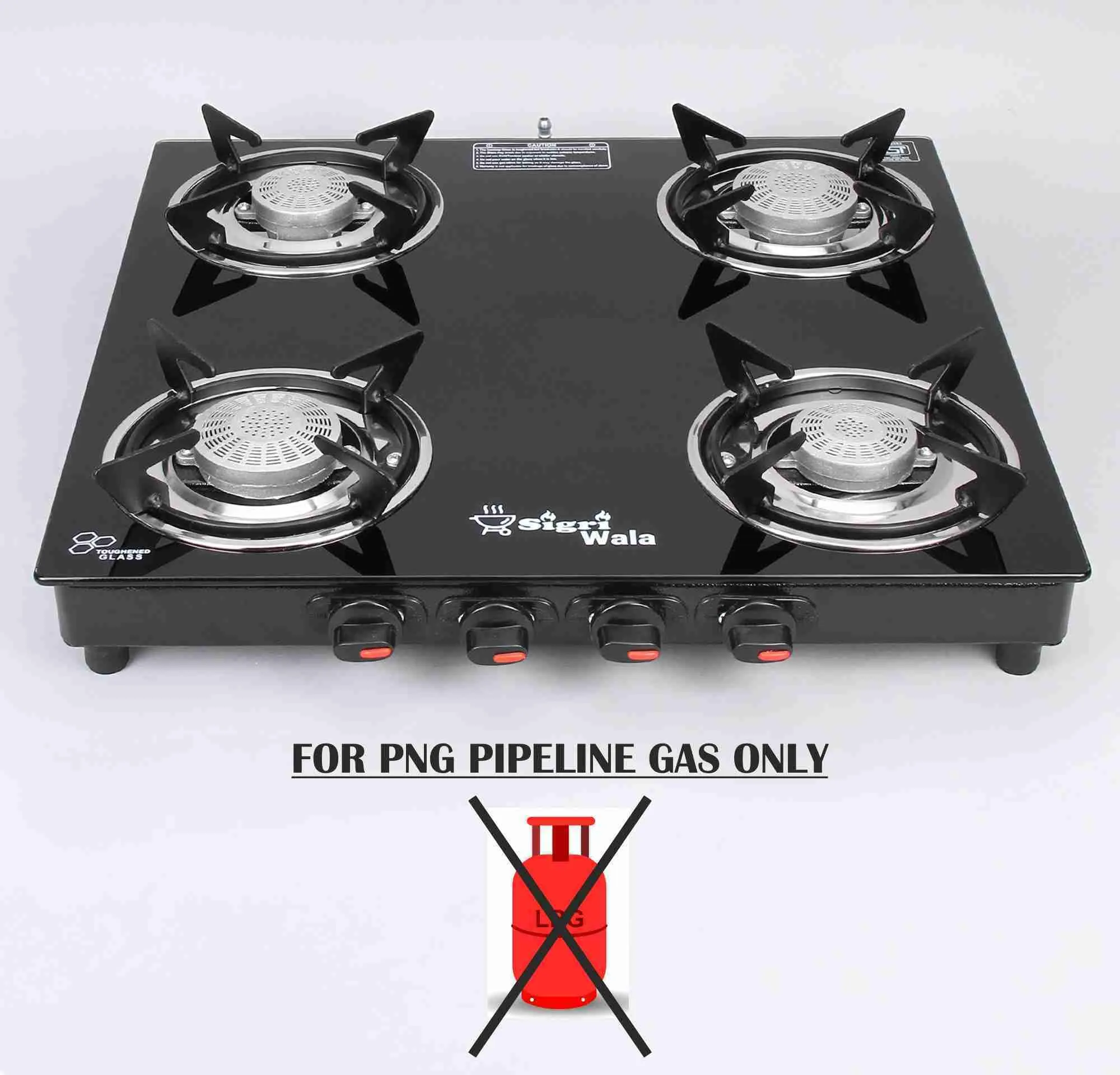 Sigri-wala 4B PNG/CNG Compatible Glass Manual Gas Stove (4 Burners)