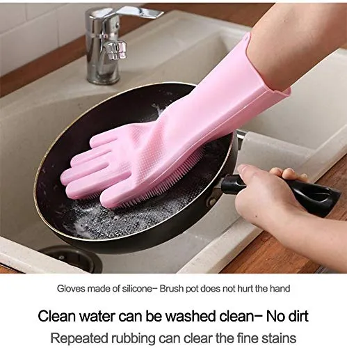 Silicone Gloves with Wash Scrubber Reusable Brush Heat Resistant Gloves Kitchen Cleaning