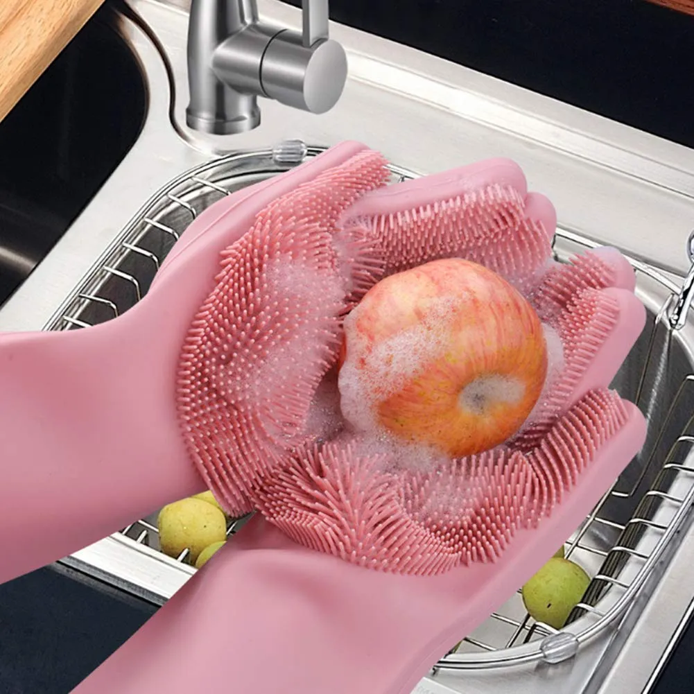 Silicone Gloves with Wash Scrubber Reusable Brush Heat Resistant Gloves Kitchen Cleaning