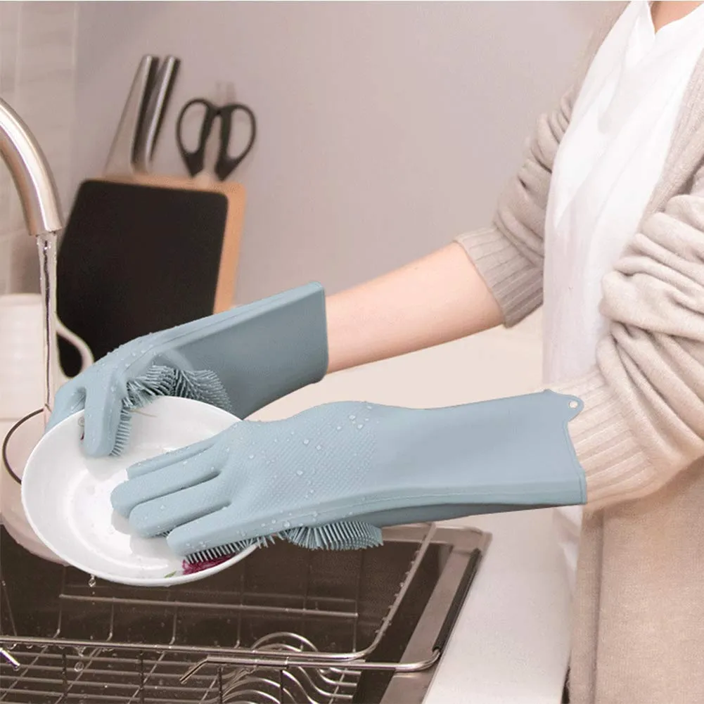 Silicone Gloves with Wash Scrubber Reusable Brush Heat Resistant Gloves Kitchen Cleaning