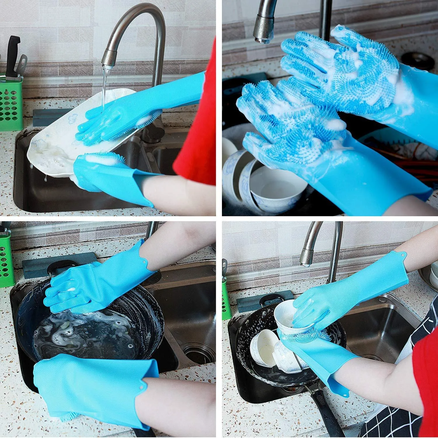 Silicone Gloves with Wash Scrubber Reusable Brush Heat Resistant Gloves Kitchen Cleaning