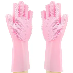 Silicone Gloves with Wash Scrubber Reusable Brush Heat Resistant Gloves Kitchen Cleaning