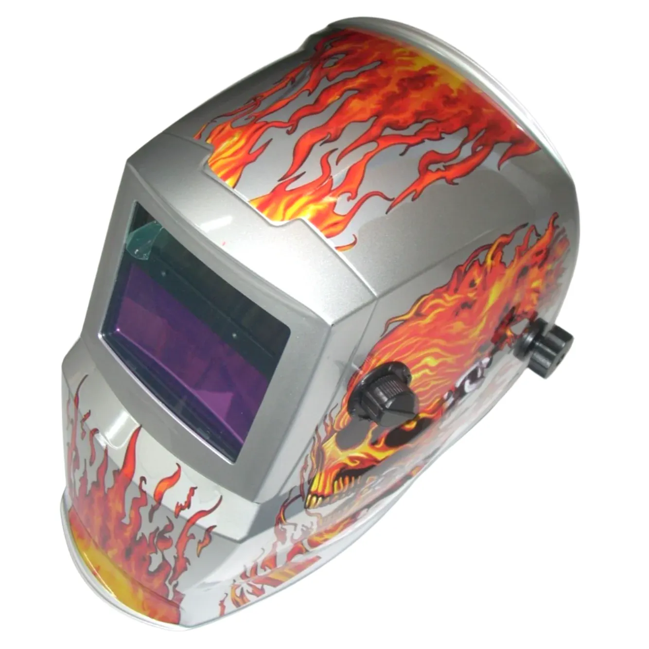 Silver Flames Welding Helmet Auto Darkening Adj Shade 9-13 Solar w 2 Extra Lens