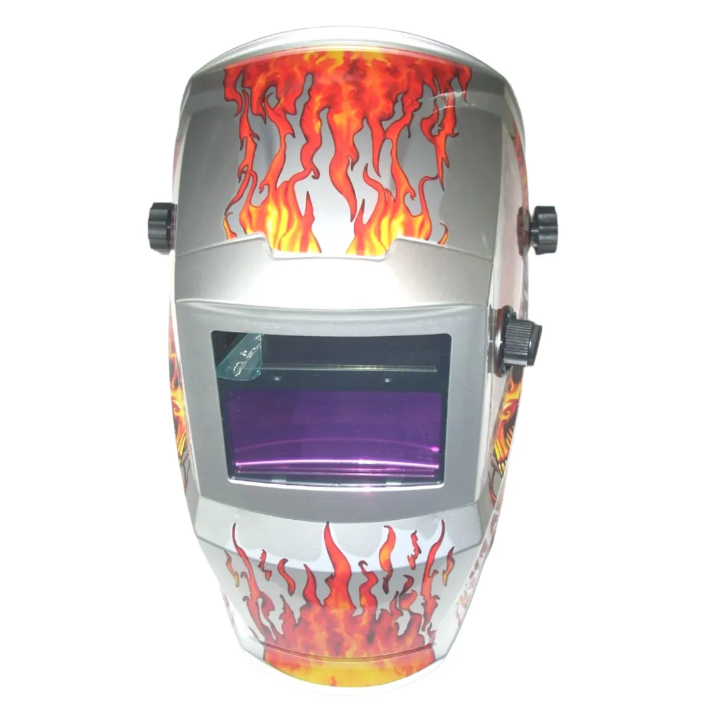 Silver Flames Welding Helmet Auto Darkening Adj Shade 9-13 Solar w 2 Extra Lens