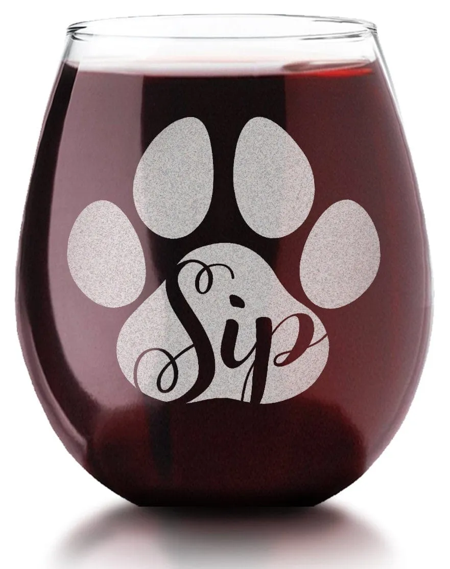 Sip Engraved Stemless Wine Glass Dog Cat Paw Print Pet Owner Cute Cup First Puppy Rescue Cat Lady Animal Lovers Birthday Present Dog Mama