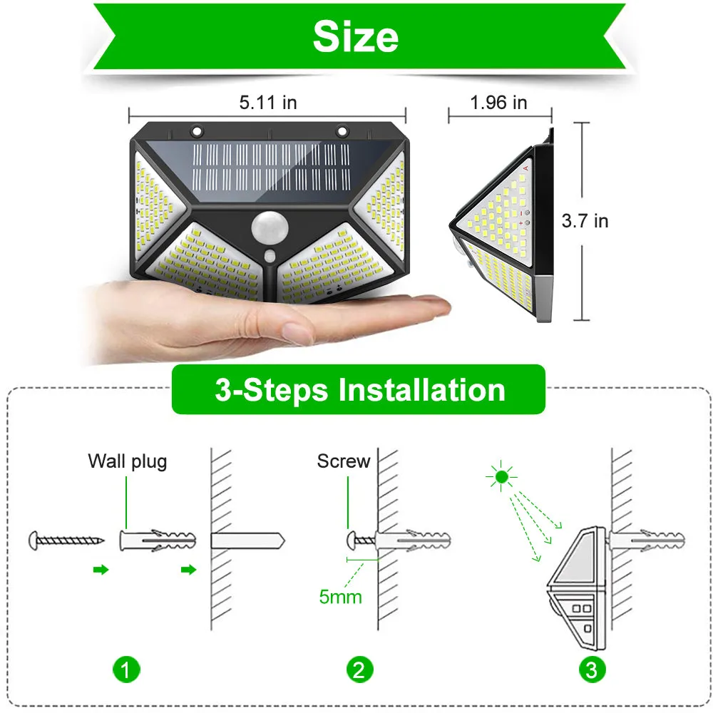 Solar Wall Light with Motion Sensor, 100leds Solar Led Wall Light with Sensors Economic Version #0991