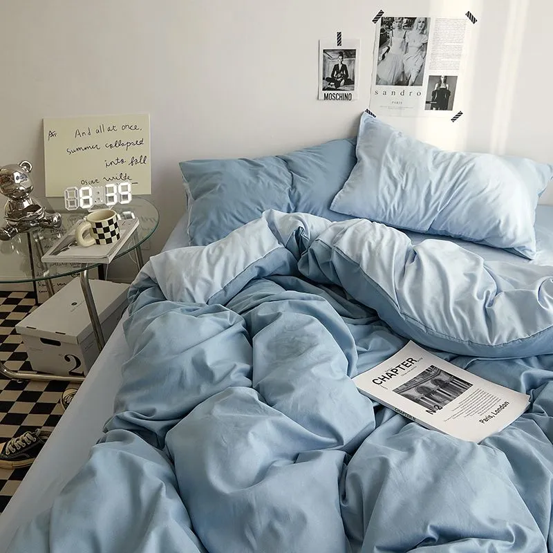 Solid Blue Duvet Cover Set - Flat Sheet with Pillowcases