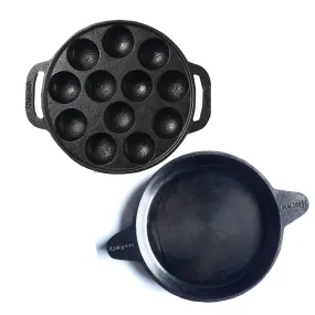 Sparkenzy Pre seasoned Cast iron Paniyaram kal 12 pit | Fish fry pan 9 inch | Combo