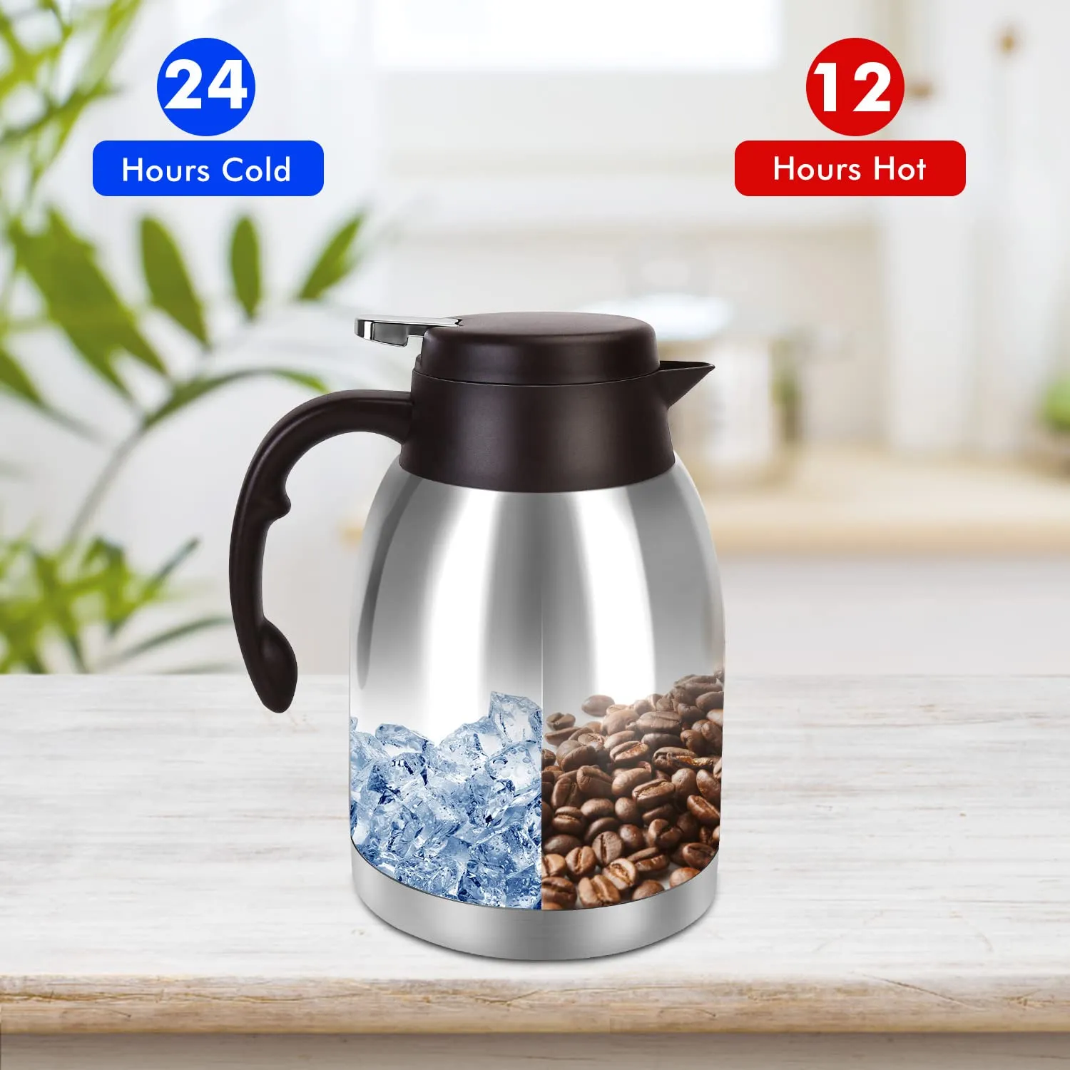 Stainless Steel Thermal Coffee Carafe Dispenser, Unbreakable Double Wall Vacuum Thermos Flask Large Capacity 56oz 1.6L Water Tea Pot Beverage Pitcher for Father's Day Party(Classic Silver)