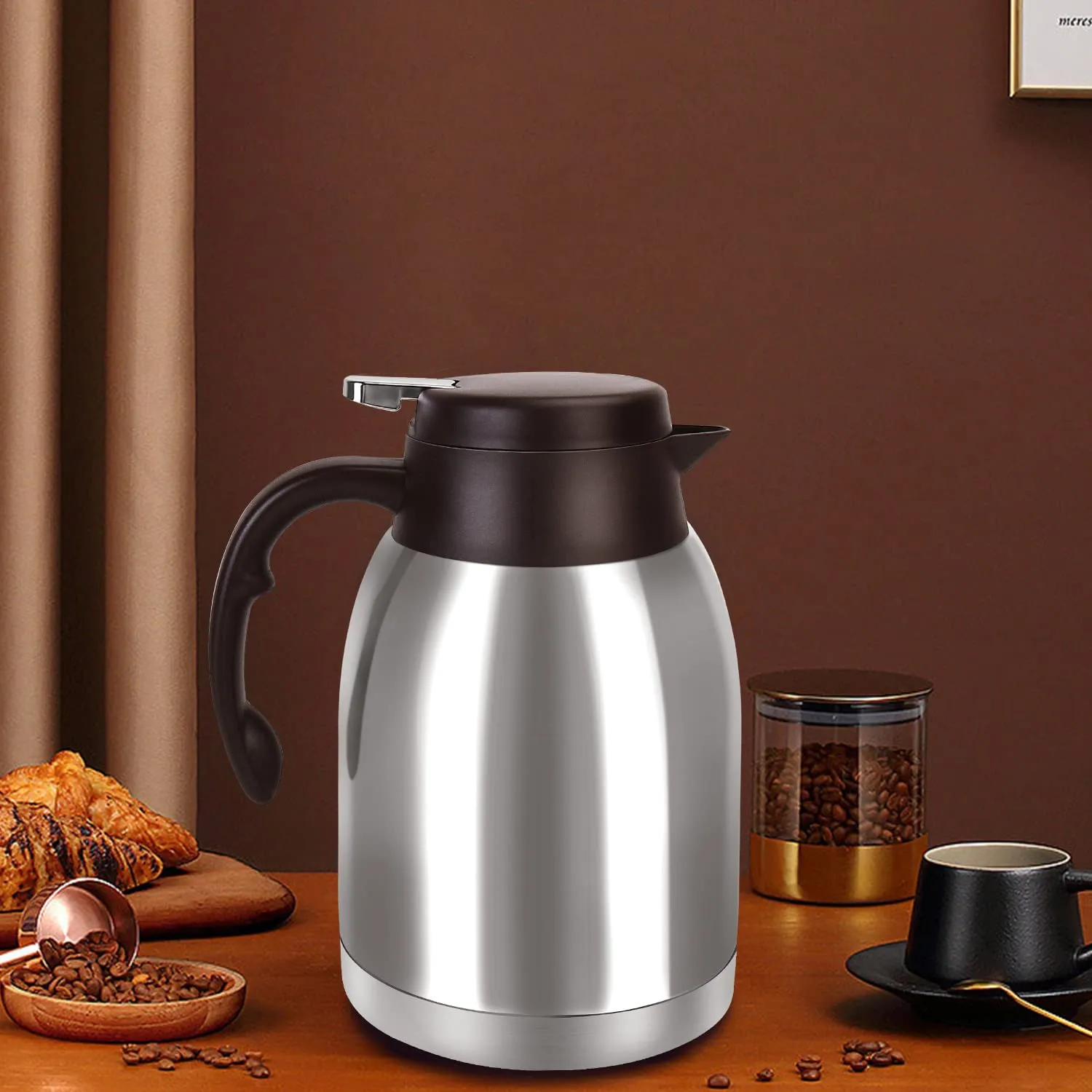 Stainless Steel Thermal Coffee Carafe Dispenser, Unbreakable Double Wall Vacuum Thermos Flask Large Capacity 56oz 1.6L Water Tea Pot Beverage Pitcher for Father's Day Party(Classic Silver)