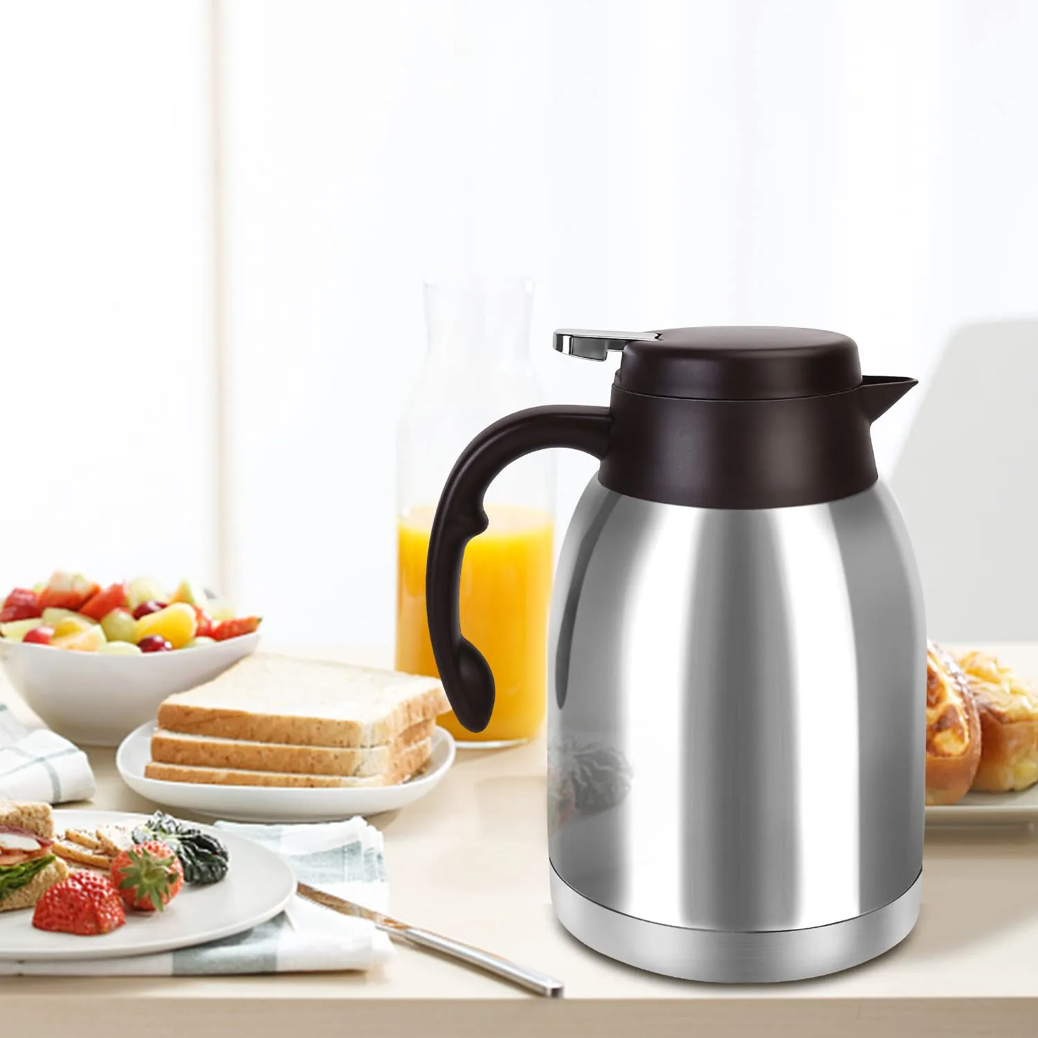 Stainless Steel Thermal Coffee Carafe Dispenser, Unbreakable Double Wall Vacuum Thermos Flask Large Capacity 56oz 1.6L Water Tea Pot Beverage Pitcher for Father's Day Party(Classic Silver)