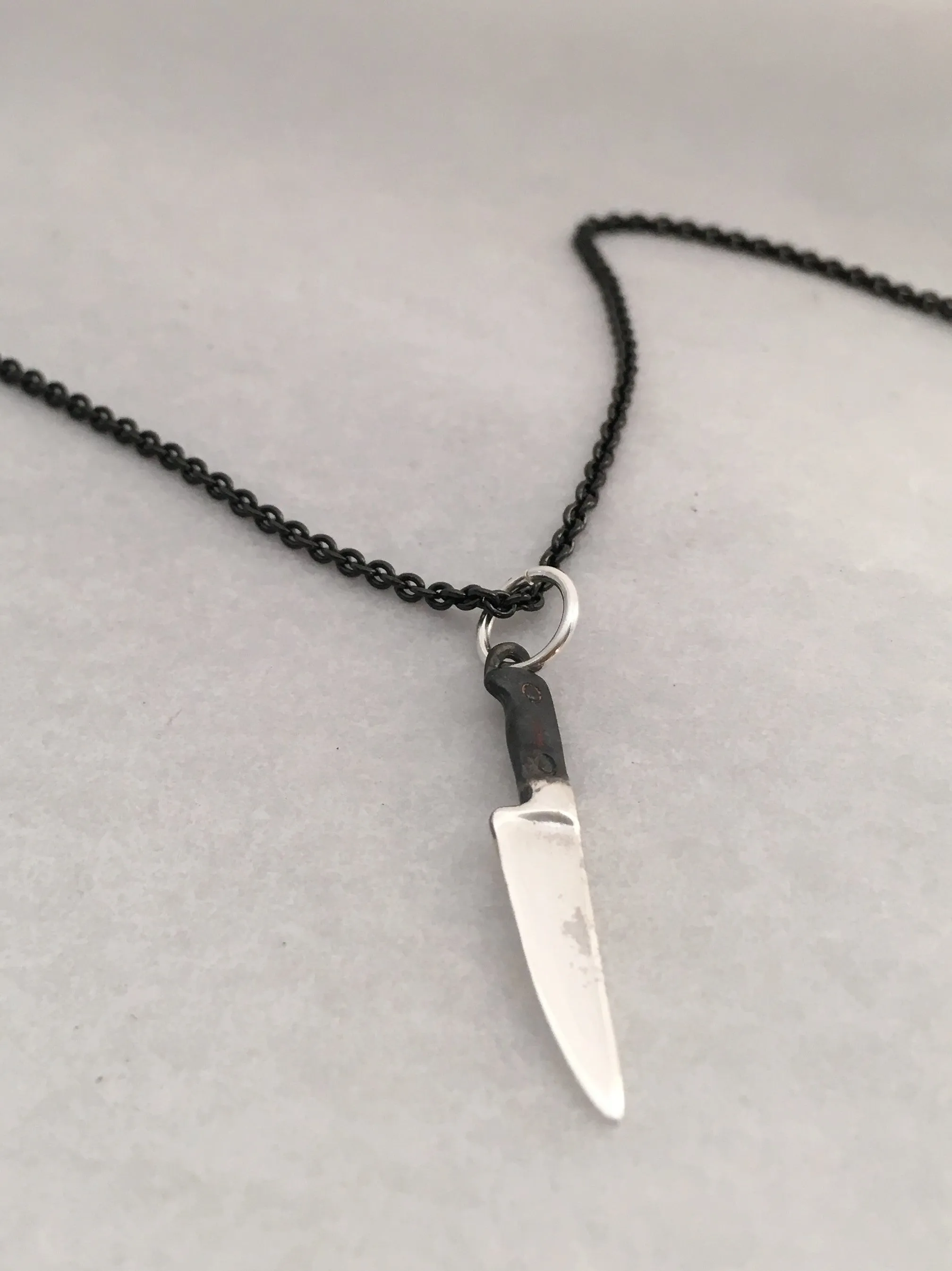 Sterling Chef Knife Pendant Necklace with Black Handle