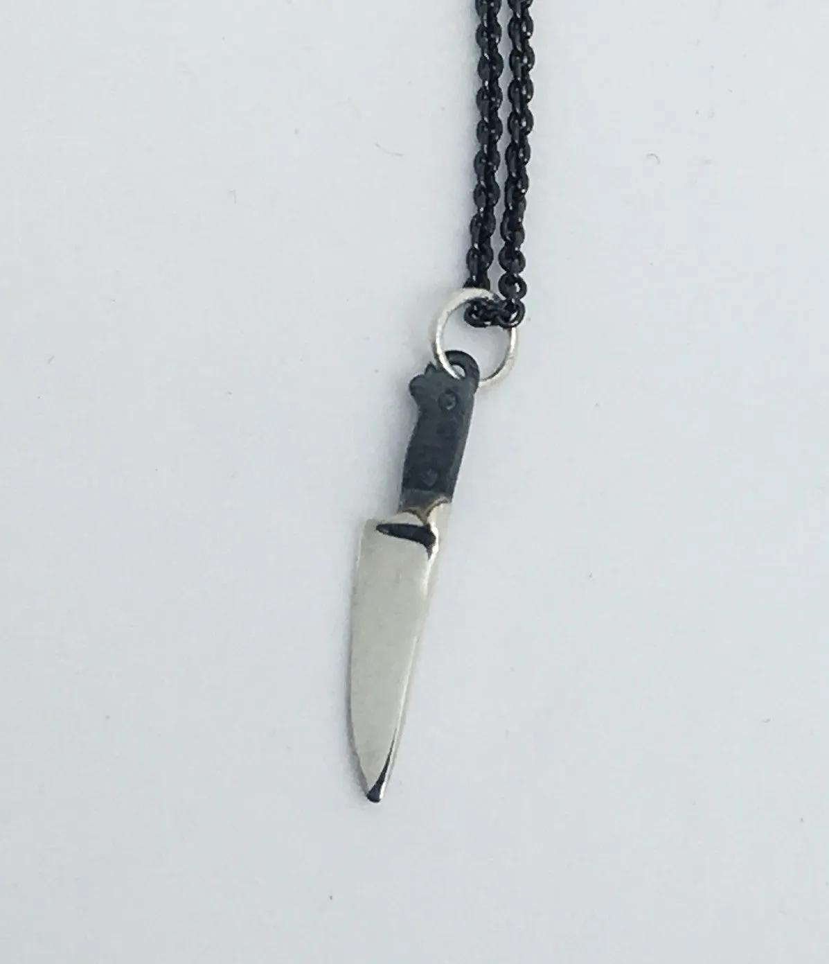 Sterling Chef Knife Pendant Necklace with Black Handle