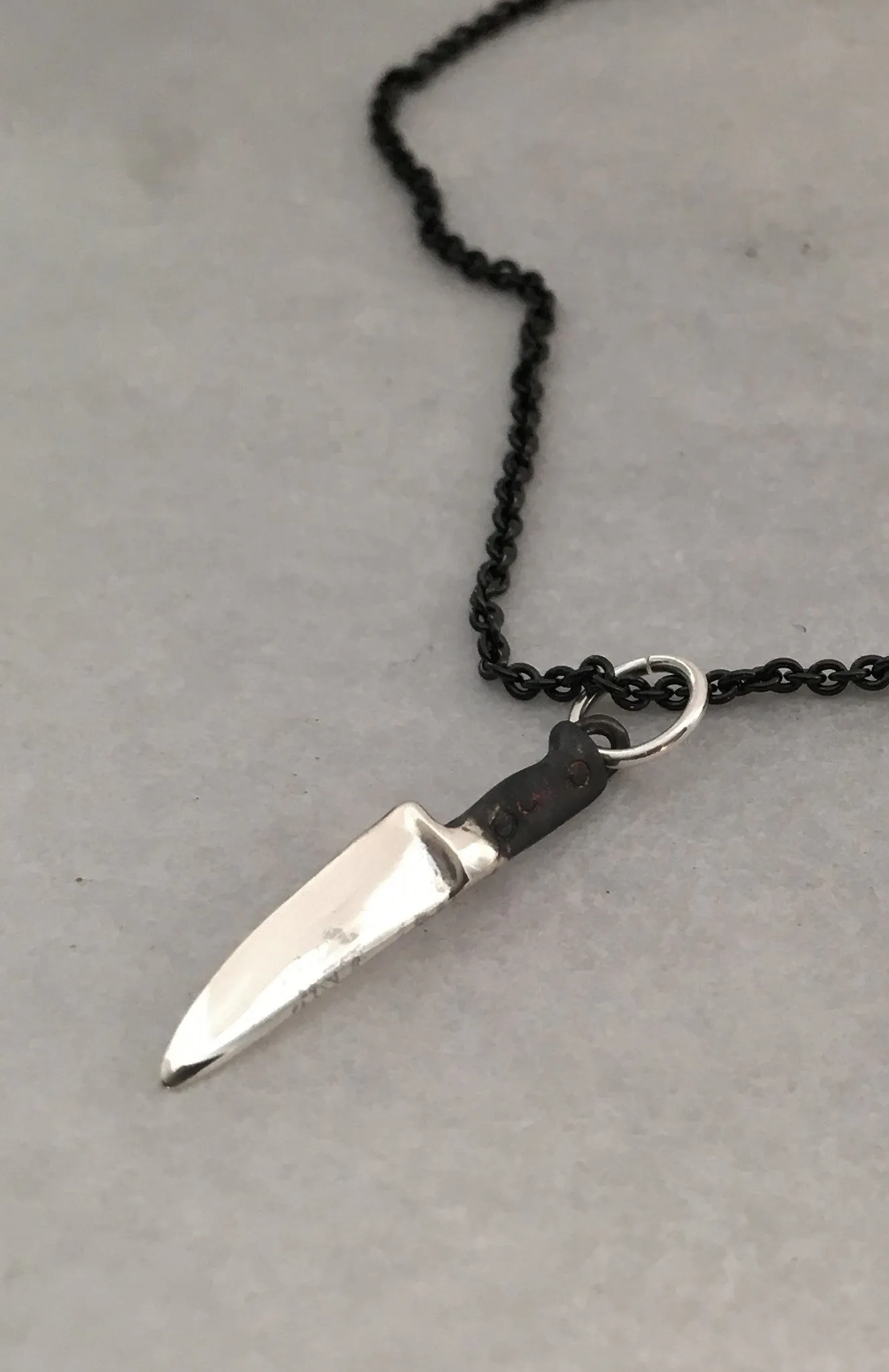 Sterling Chef Knife Pendant Necklace with Black Handle