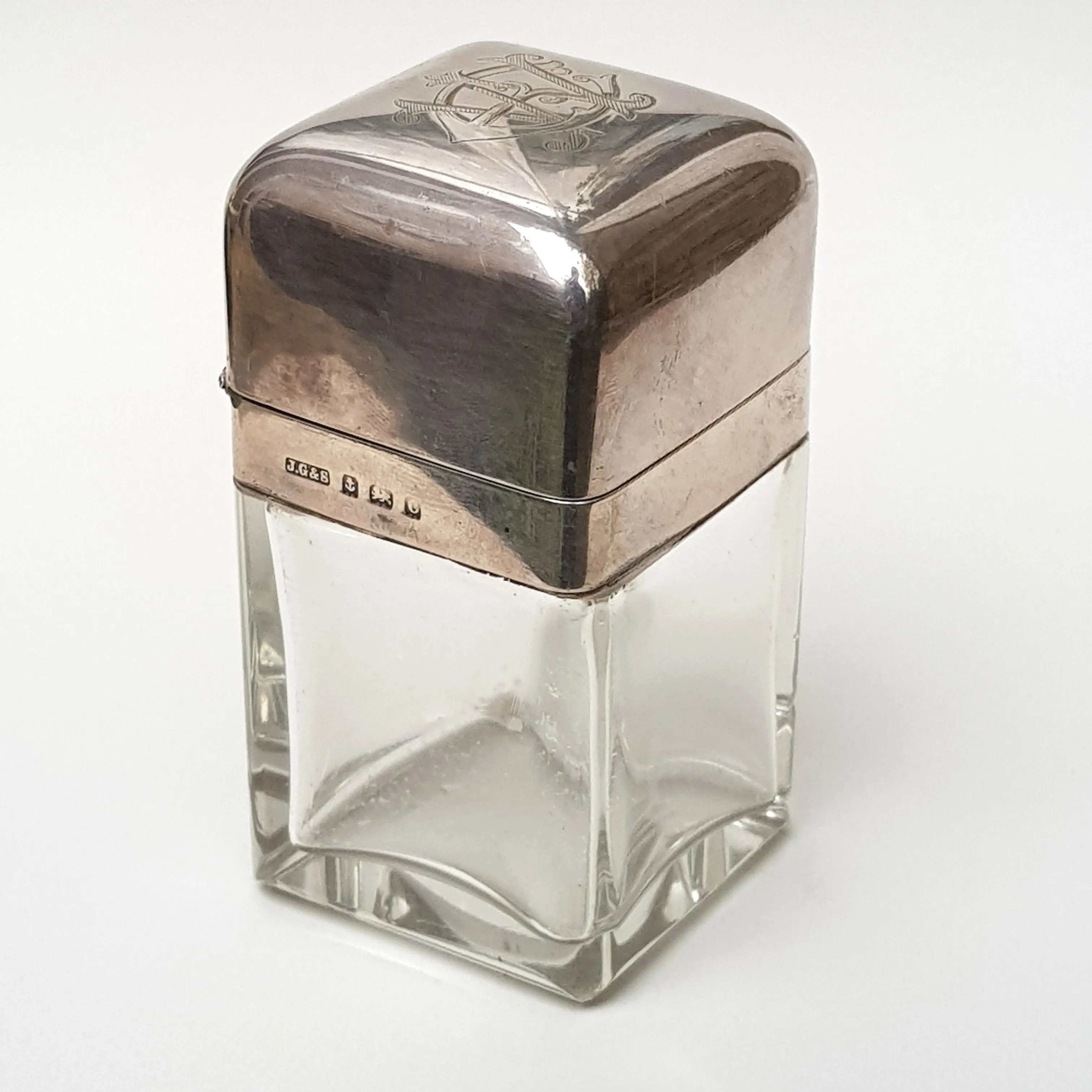 Sterling Silver Mounted Blown Glass Perfume Flask Monogram Engraved Antique Edwardian Circa 1902