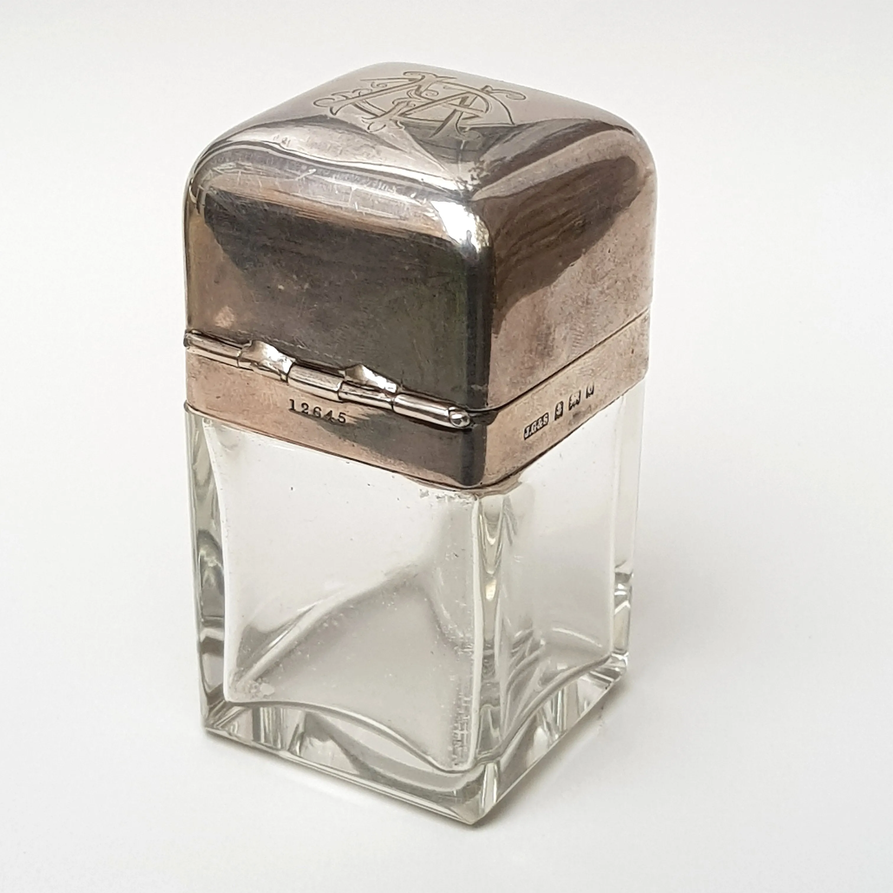 Sterling Silver Mounted Blown Glass Perfume Flask Monogram Engraved Antique Edwardian Circa 1902