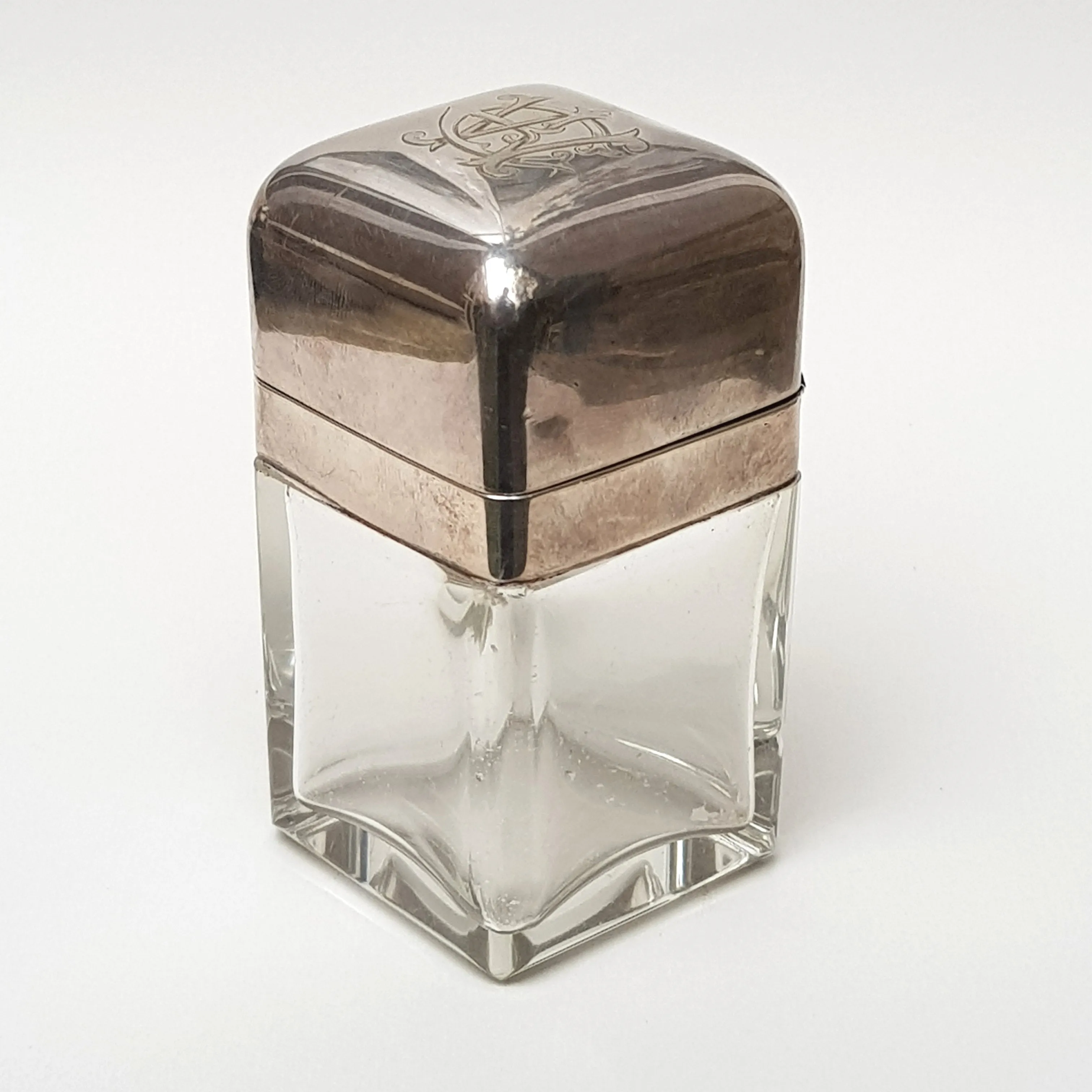 Sterling Silver Mounted Blown Glass Perfume Flask Monogram Engraved Antique Edwardian Circa 1902