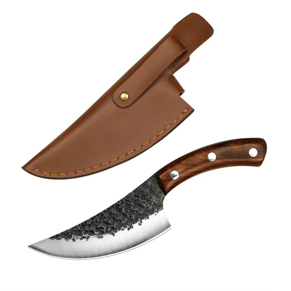 Tejas DMS-305 Hammered 5cr15mov Stainless Steel with Rosewood Handle with Leather Sheath - 5.5"