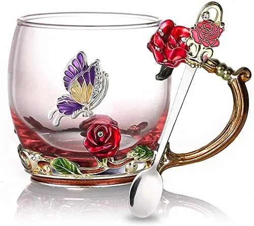 The Artment Your Artistic Apartment Crystal Paradise Glass Mug 3D Flower Cups Tea Mug With Matching Spoon|Antique Tea Cups For Drinking Juice,Premium Mug,Best For Gifts - Red,Regular - 350 Ml