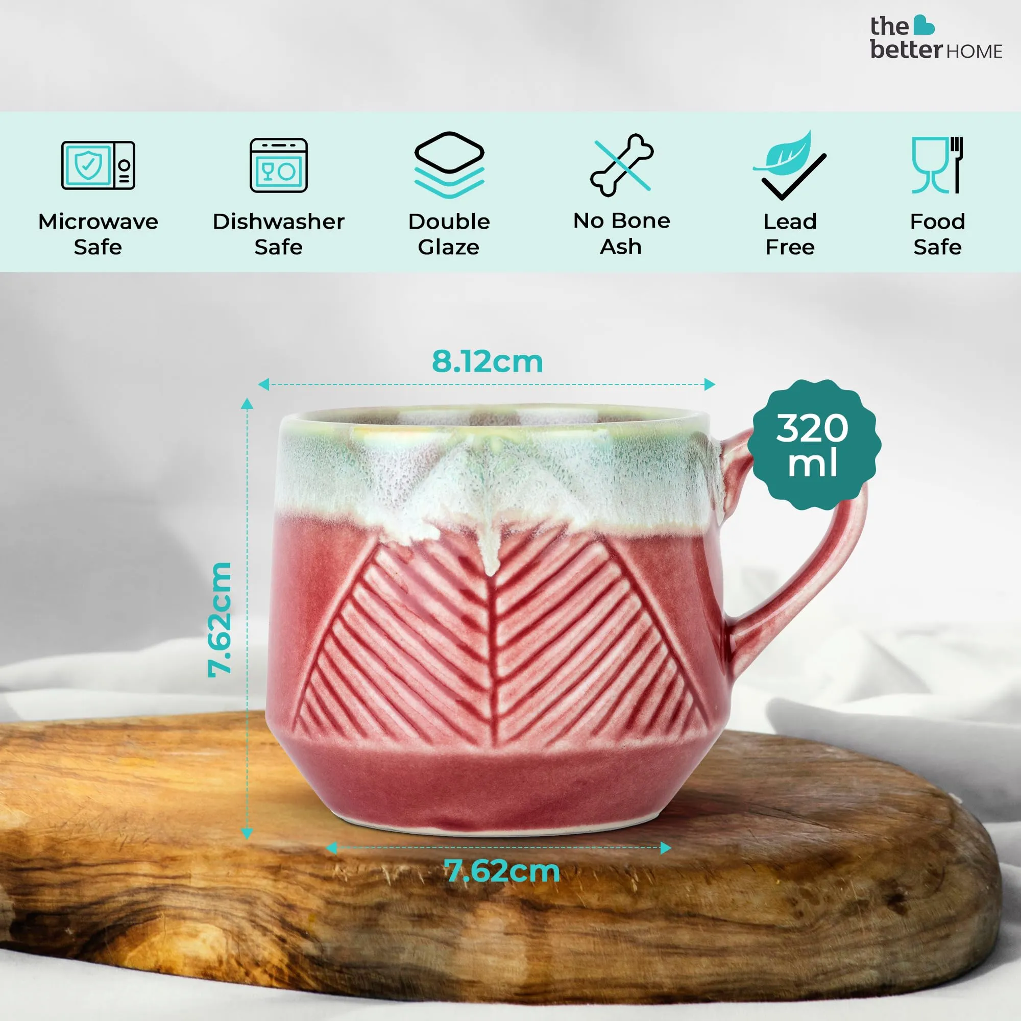 The Better Home Terra Series Ceramic Tea Coffee Cup with Handles (320 ml x 6) | Microwave Safe | Scratch Resistant | Stain Proof | Glossy Finish | Gifting Set | (Pack of 6- Rust)