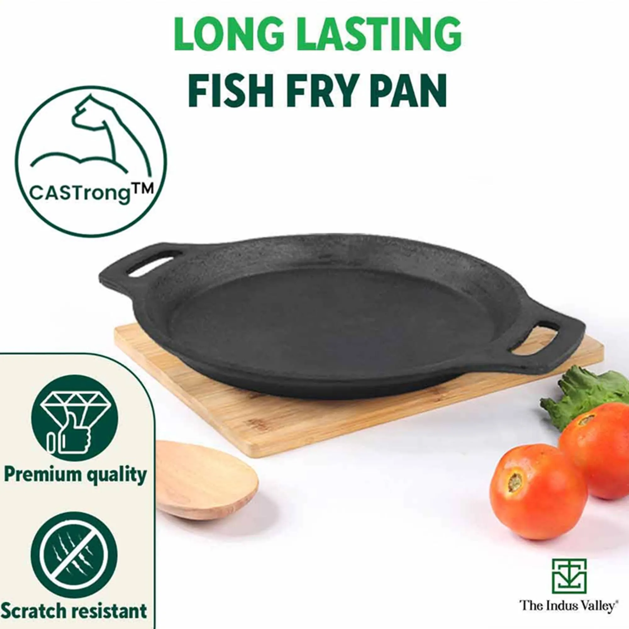 The Indus Valley Preseasoned Cast Iron Fish Fry Pan with Double Handle | Medium 25cm/ 9.8inch, 2kg | Induction Friendly | Nonstick Fish Fry Pan, 100% Pure & Toxin Free, No Chemical Coating