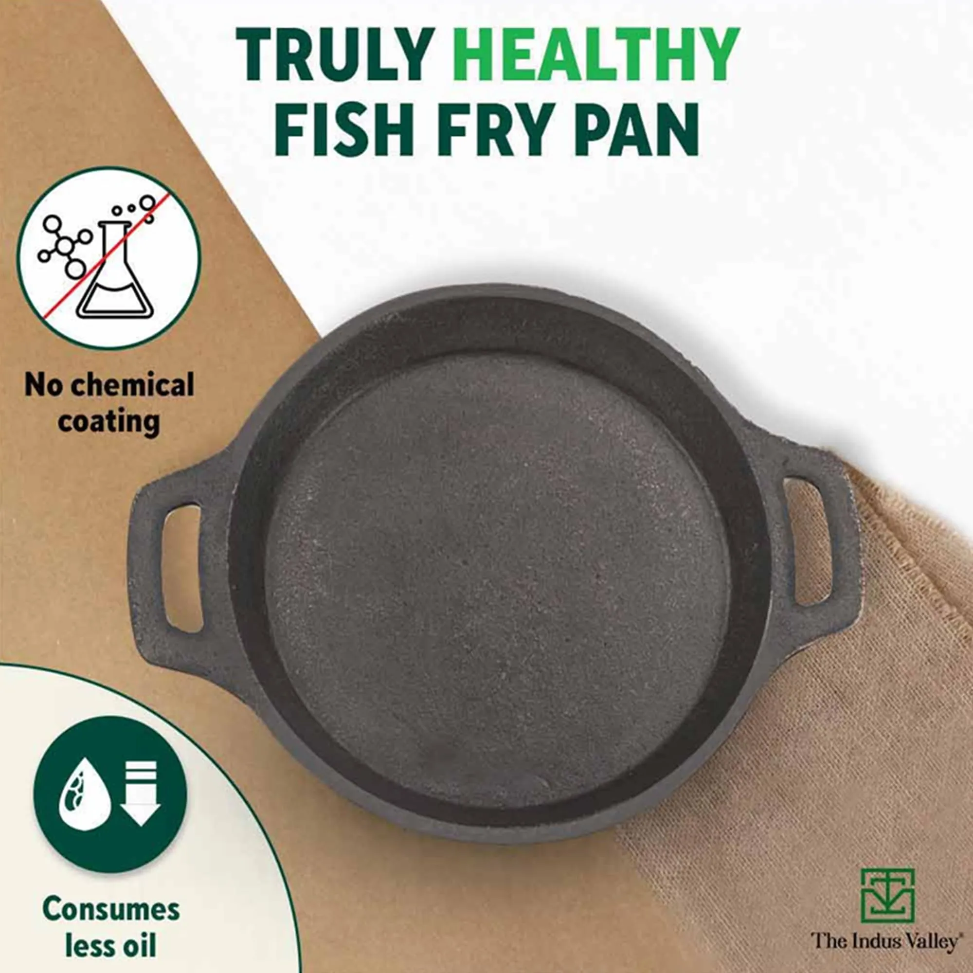 The Indus Valley Preseasoned Cast Iron Fish Fry Pan with Double Handle | Medium 25cm/ 9.8inch, 2kg | Induction Friendly | Nonstick Fish Fry Pan, 100% Pure & Toxin Free, No Chemical Coating