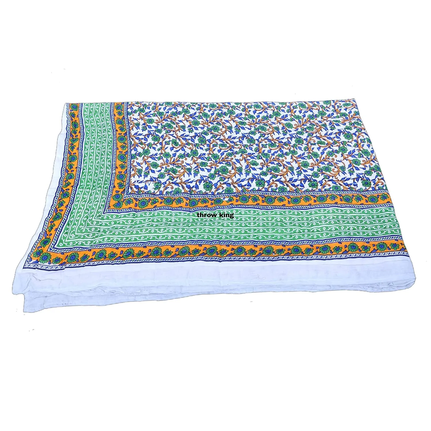 THROW KING Rajasthani Single Bed Jaipuri razai for Traditional Floral Desing Pure Cotton Single Bed Jaipuri razai,rajai,Quilt,Blanket,Dohar Set of 1(Green/Blue)