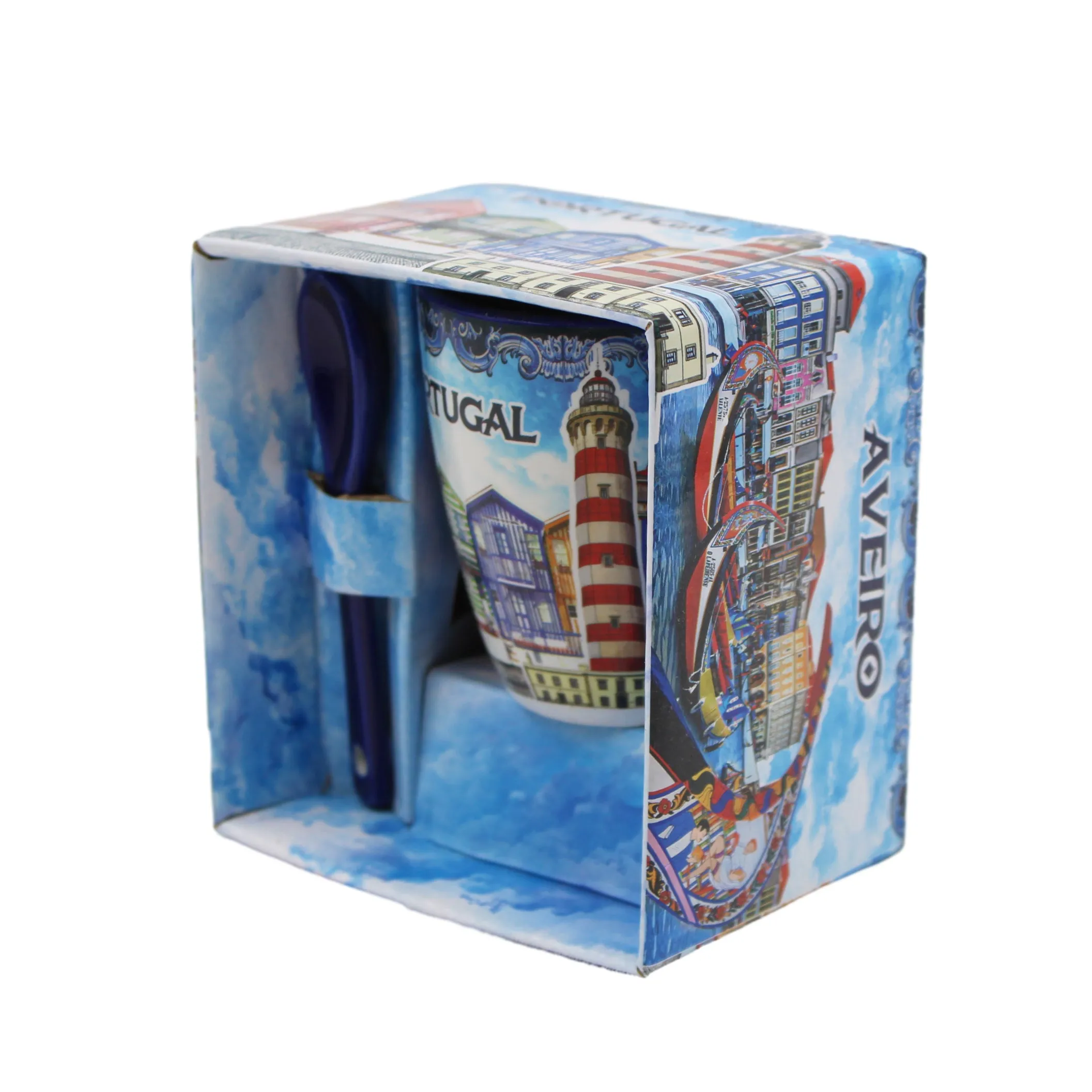 Traditional Portugal Aveiro Blue Ceramic Espresso Cup with Spoon and Gift Box