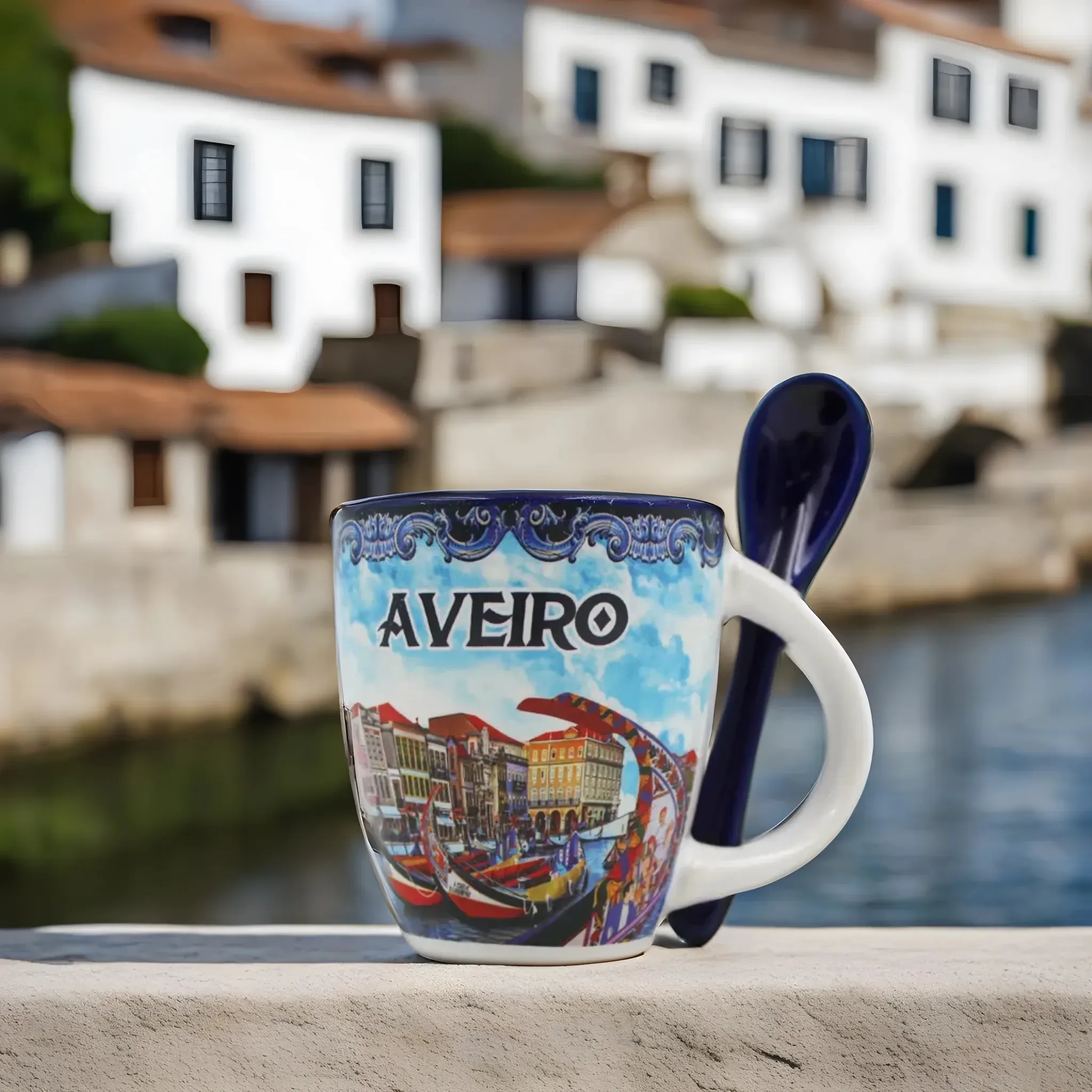 Traditional Portugal Aveiro Blue Ceramic Espresso Cup with Spoon and Gift Box