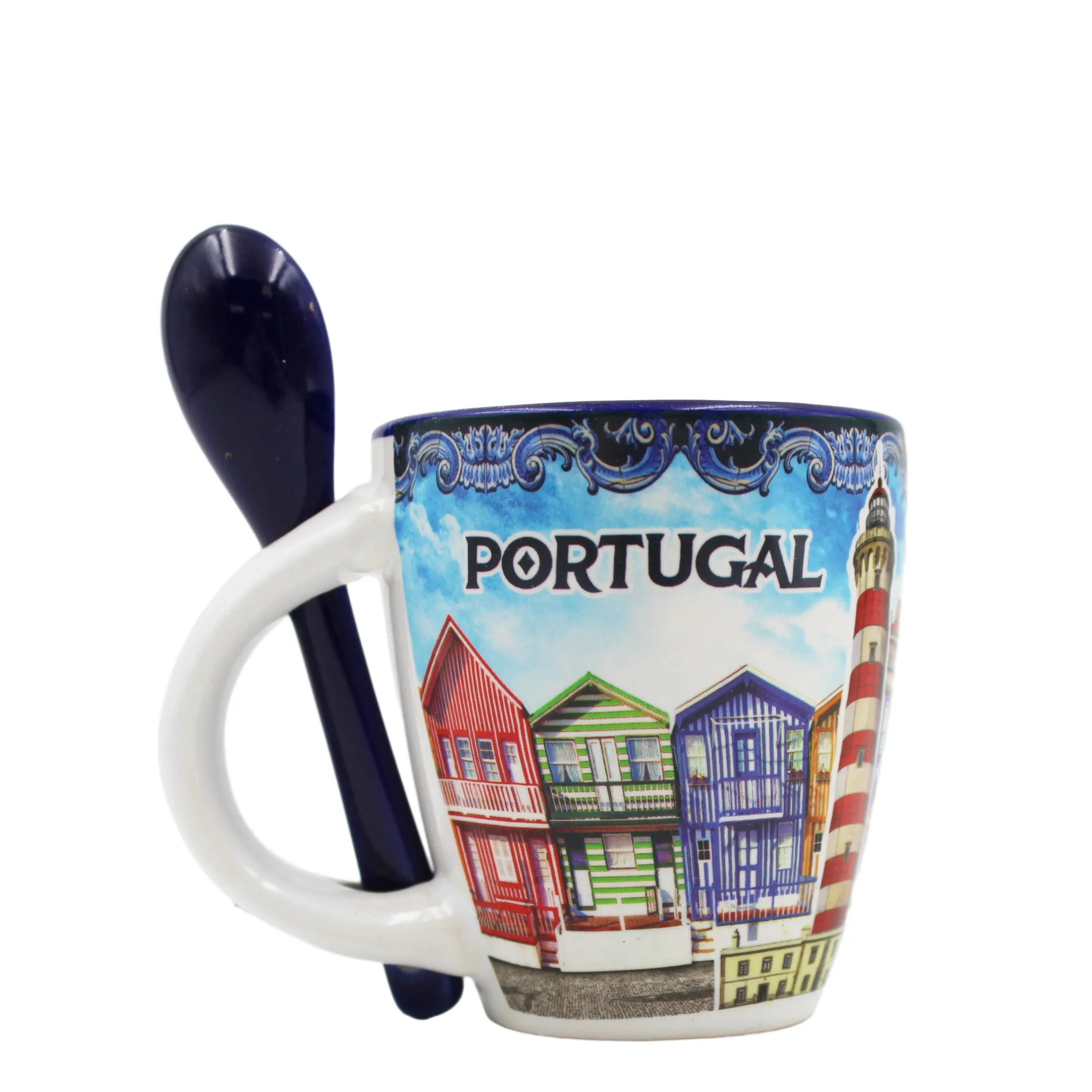 Traditional Portugal Aveiro Blue Ceramic Espresso Cup with Spoon and Gift Box