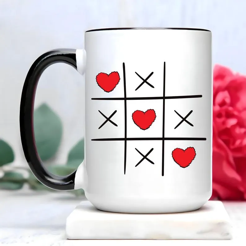 Valentine's Day Tic Tac Toe Mug, XOXO Red Heart Coffee Mug, Cute Valentine's Gift for Her, Love Coffee Cup, Romantic Kitchen Decor