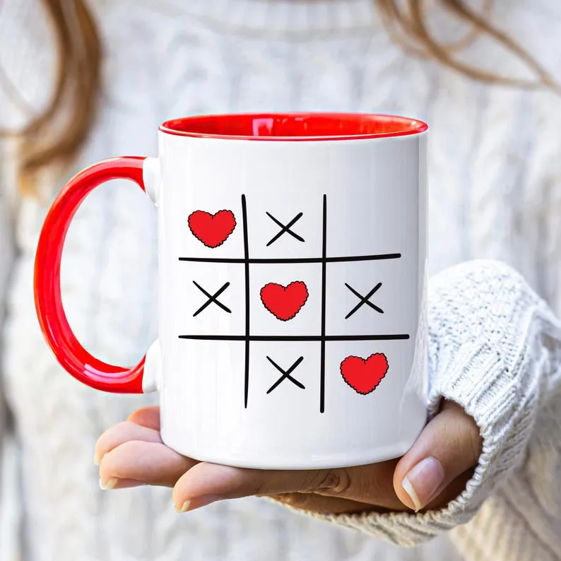 Valentine's Day Tic Tac Toe Mug, XOXO Red Heart Coffee Mug, Cute Valentine's Gift for Her, Love Coffee Cup, Romantic Kitchen Decor