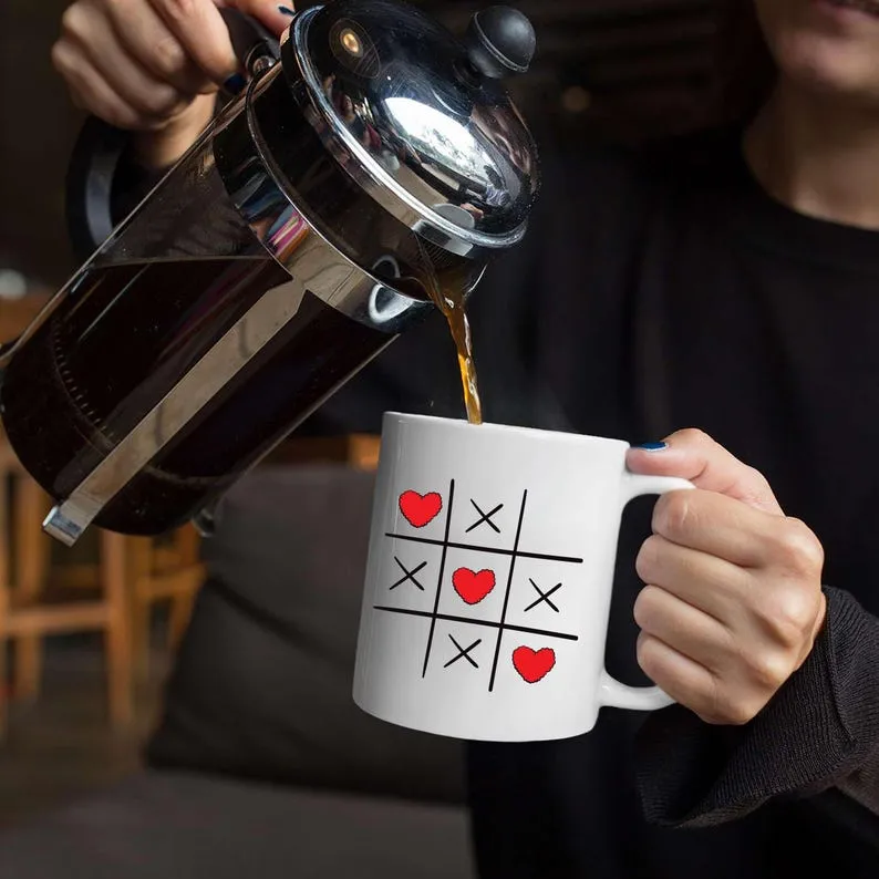 Valentine's Day Tic Tac Toe Mug, XOXO Red Heart Coffee Mug, Cute Valentine's Gift for Her, Love Coffee Cup, Romantic Kitchen Decor