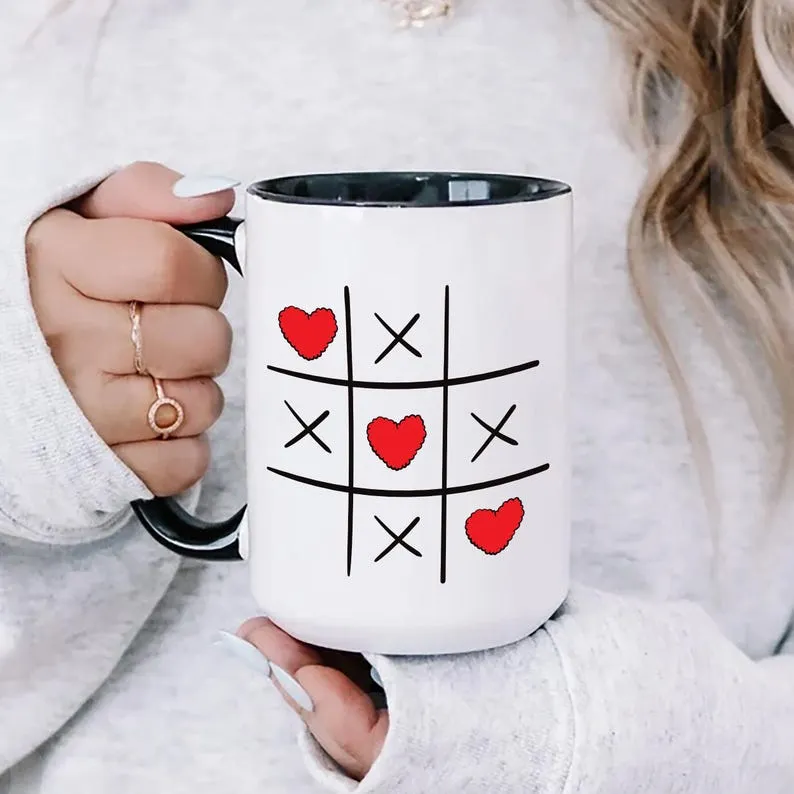 Valentine's Day Tic Tac Toe Mug, XOXO Red Heart Coffee Mug, Cute Valentine's Gift for Her, Love Coffee Cup, Romantic Kitchen Decor