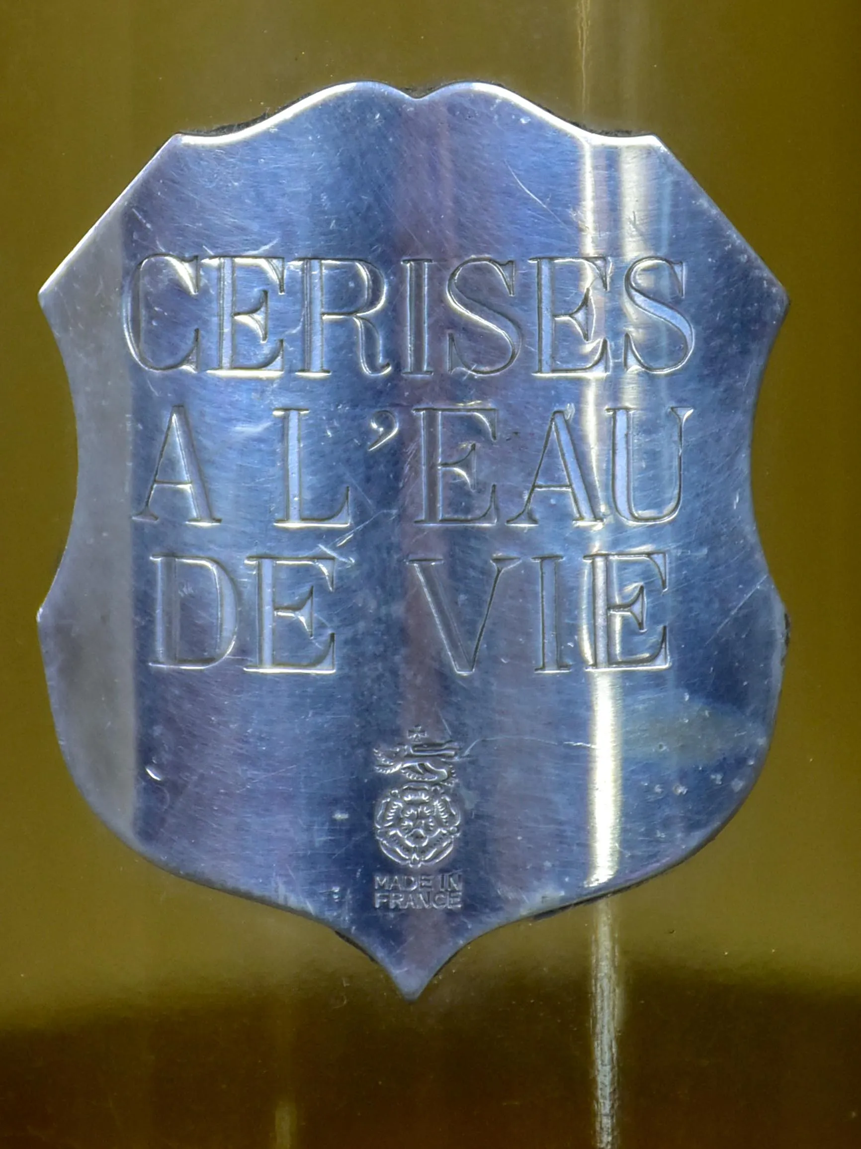 Vintage French glass bottle with badge - Cerises à l'eau de vie