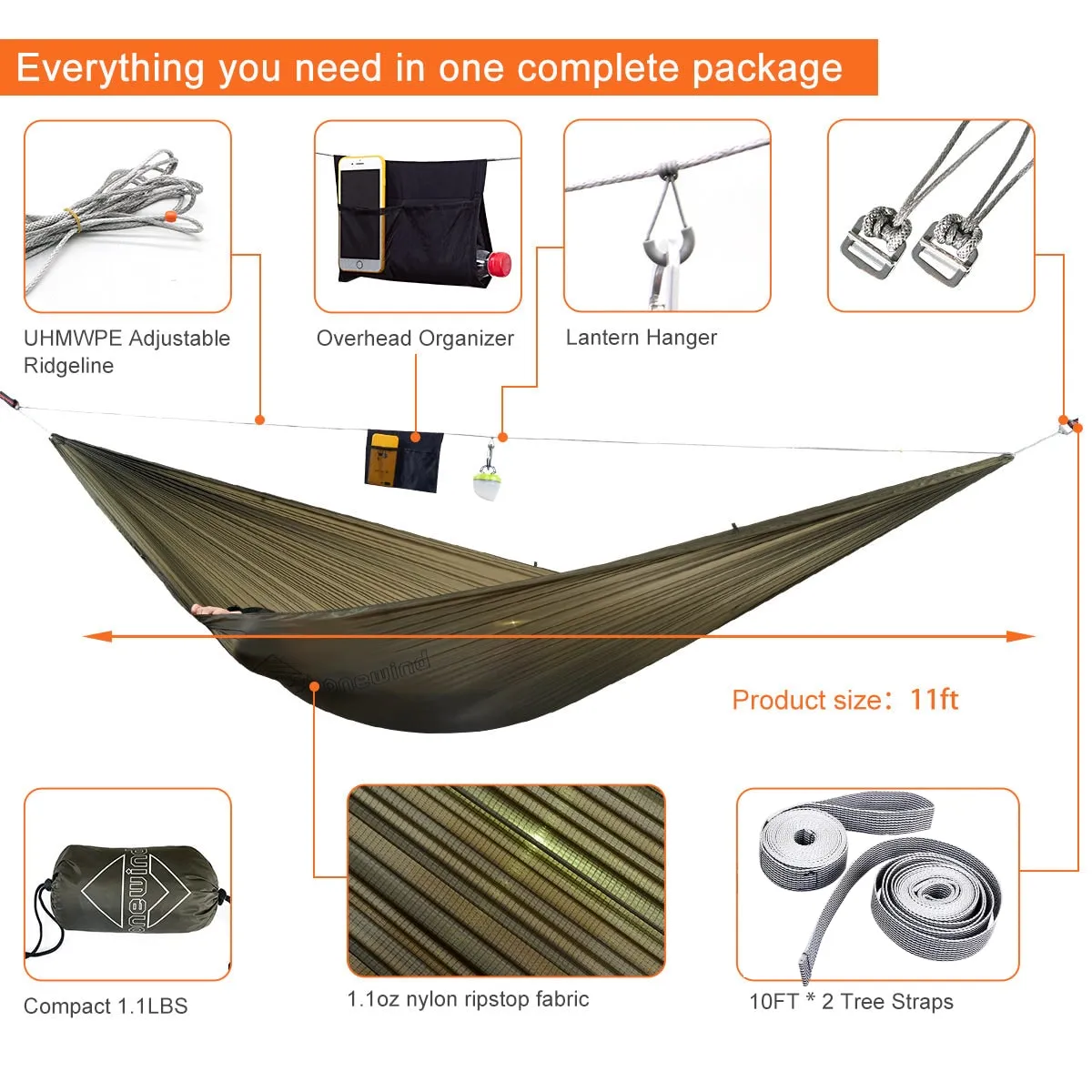 Whirlwind 11' Ultralight Camping Hammock with Ultralight Tree Straps