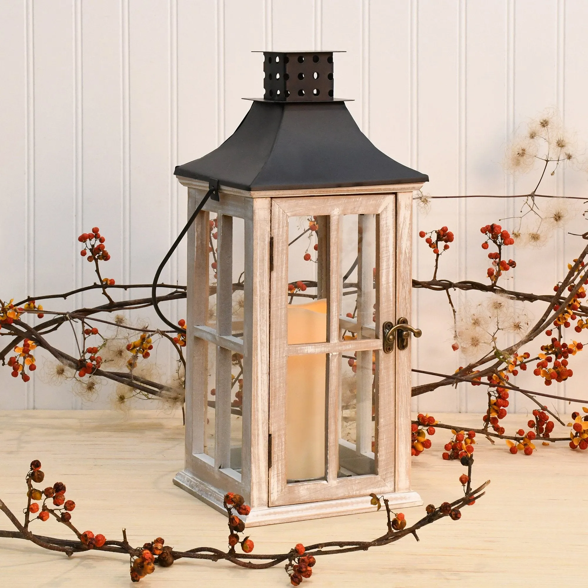 White Washed Wooden Lantern with Black Roof and LED Candle