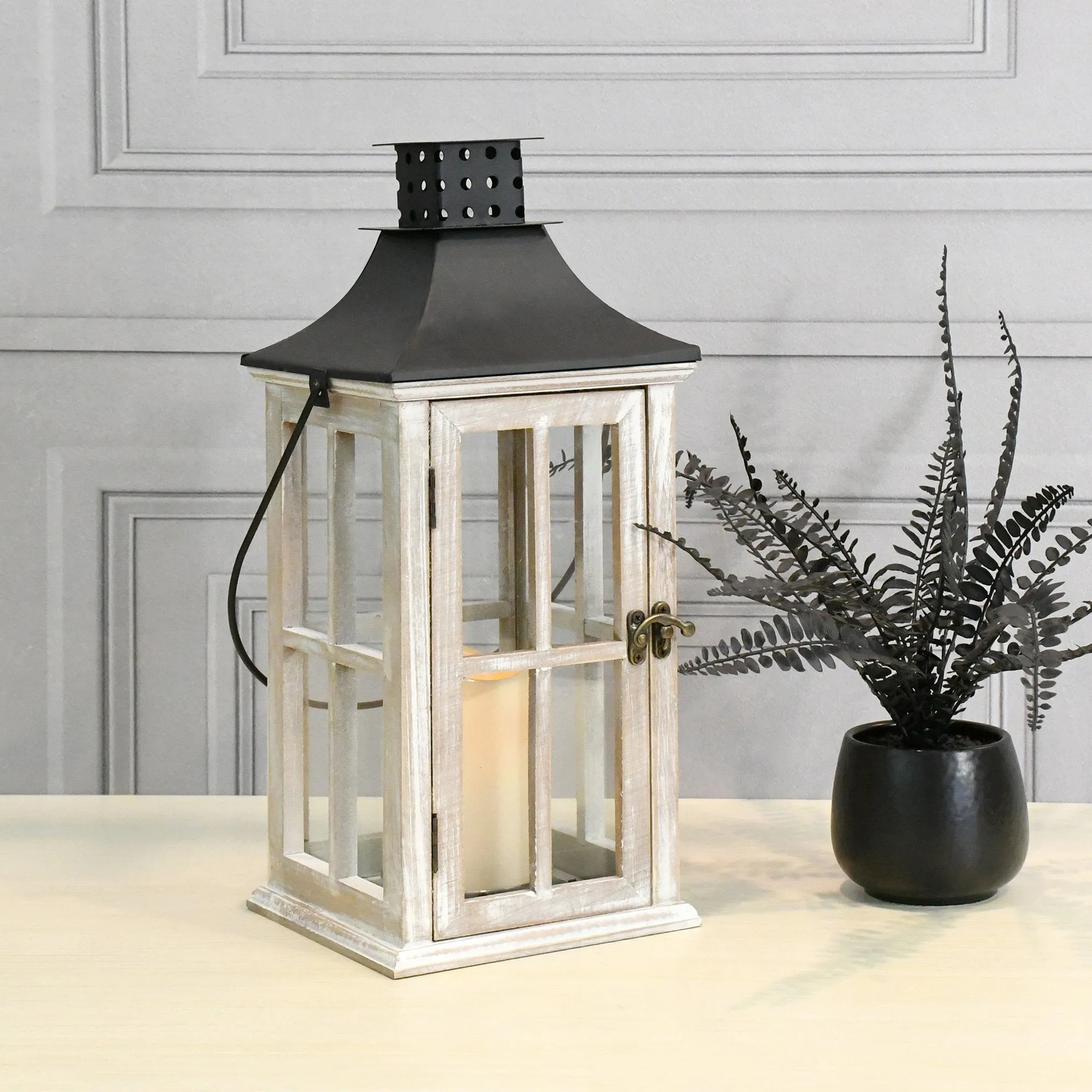 White Washed Wooden Lantern with Black Roof and LED Candle