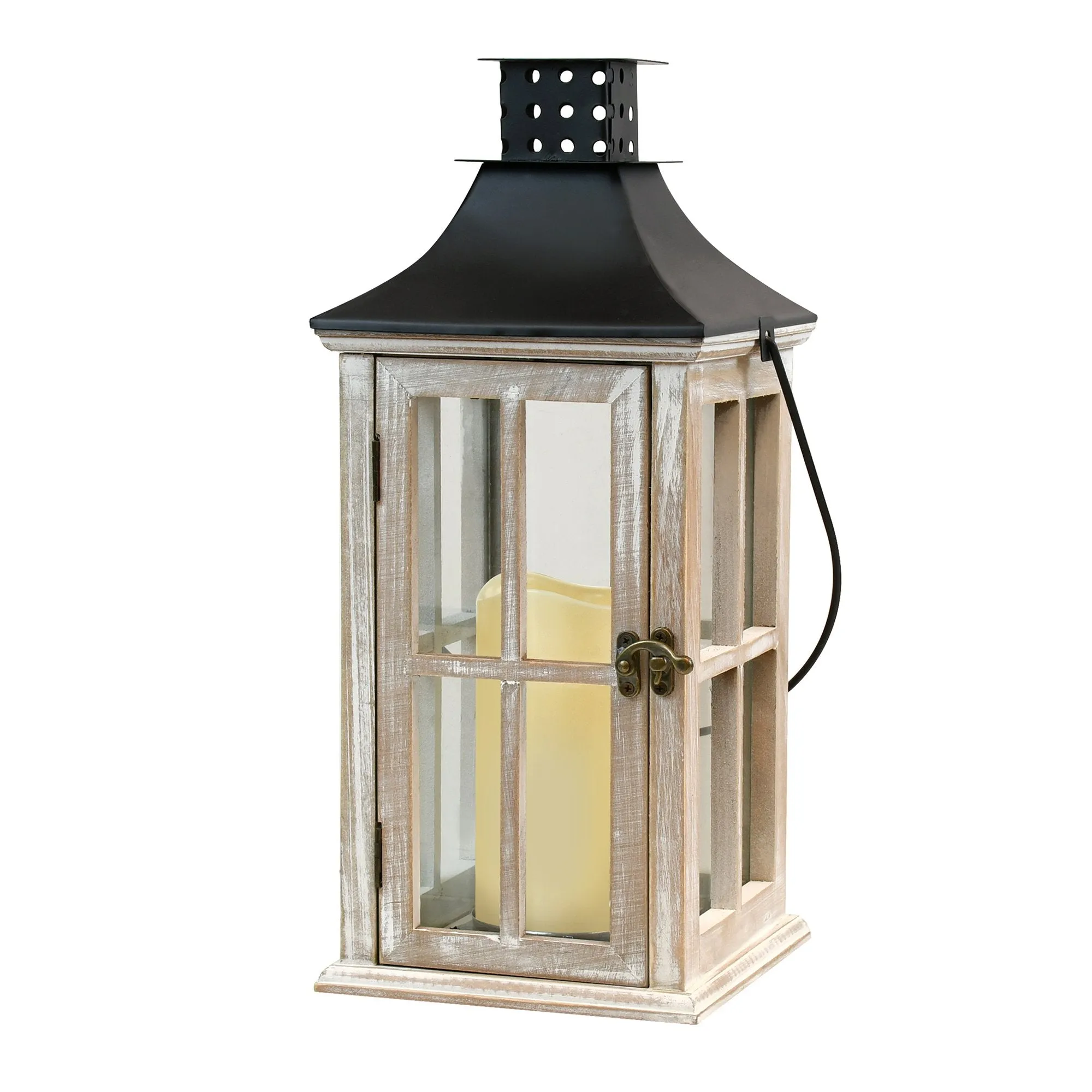 White Washed Wooden Lantern with Black Roof and LED Candle