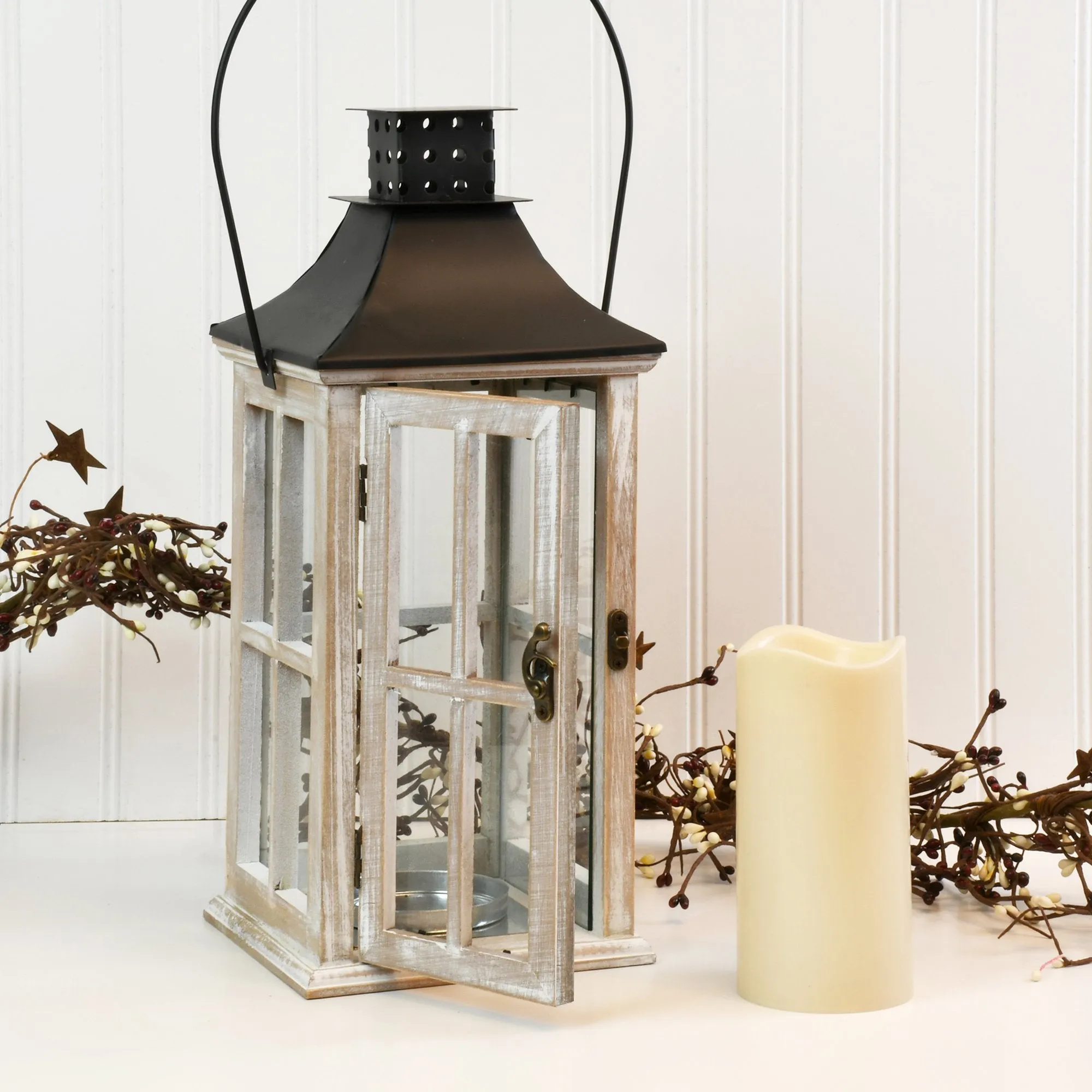 White Washed Wooden Lantern with Black Roof and LED Candle